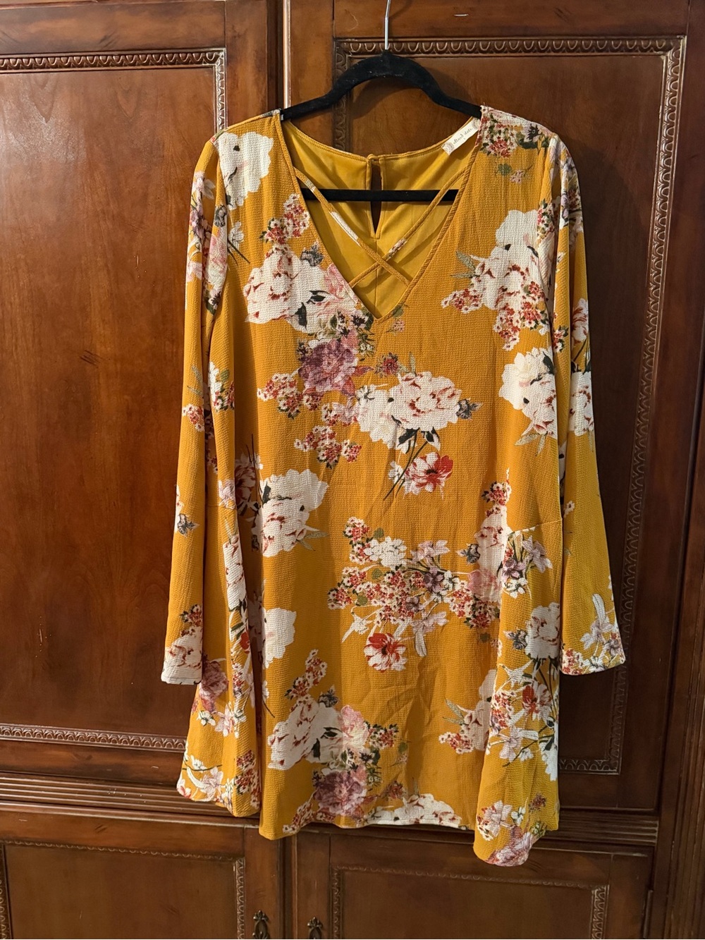 Altar'd State Mustard Floral Mini Dress with V‑Neck Crisscross